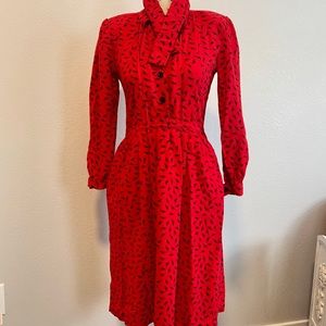 Vintage midi 80’s red dress with black geometric patterns size 4P